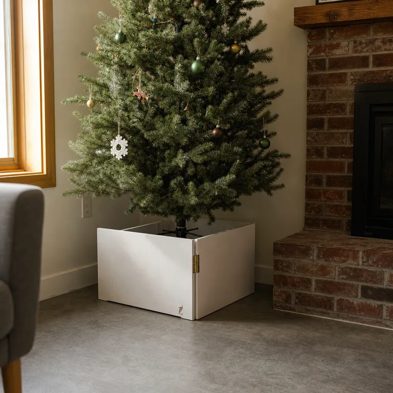 A white hinged wood collar surrounding a tree stand near a fireplace.