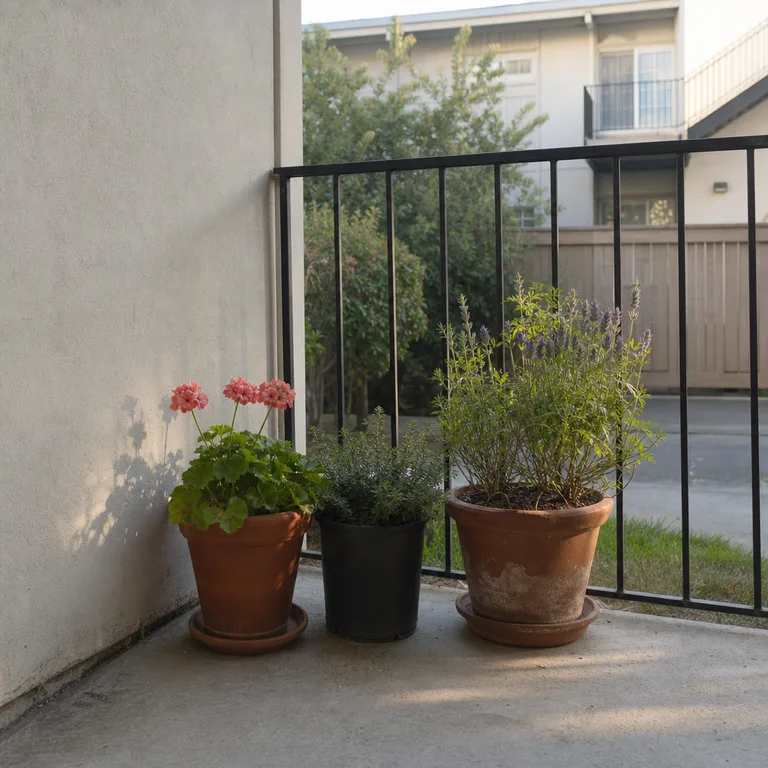 A group of planted containers in a small sunny apartment patio corner.