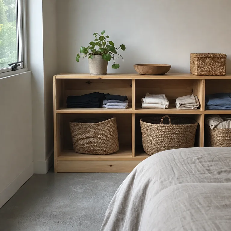 Low open pine shelf with woven baskets holding folded clothing.
