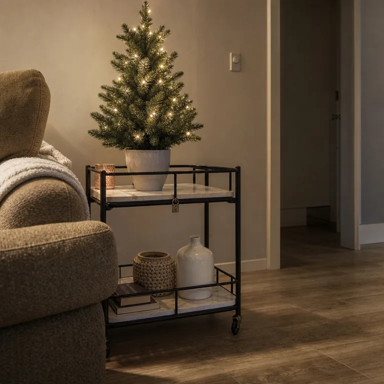 A tabletop Christmas tree sits on a rolling cart beside a small living-room sofa.