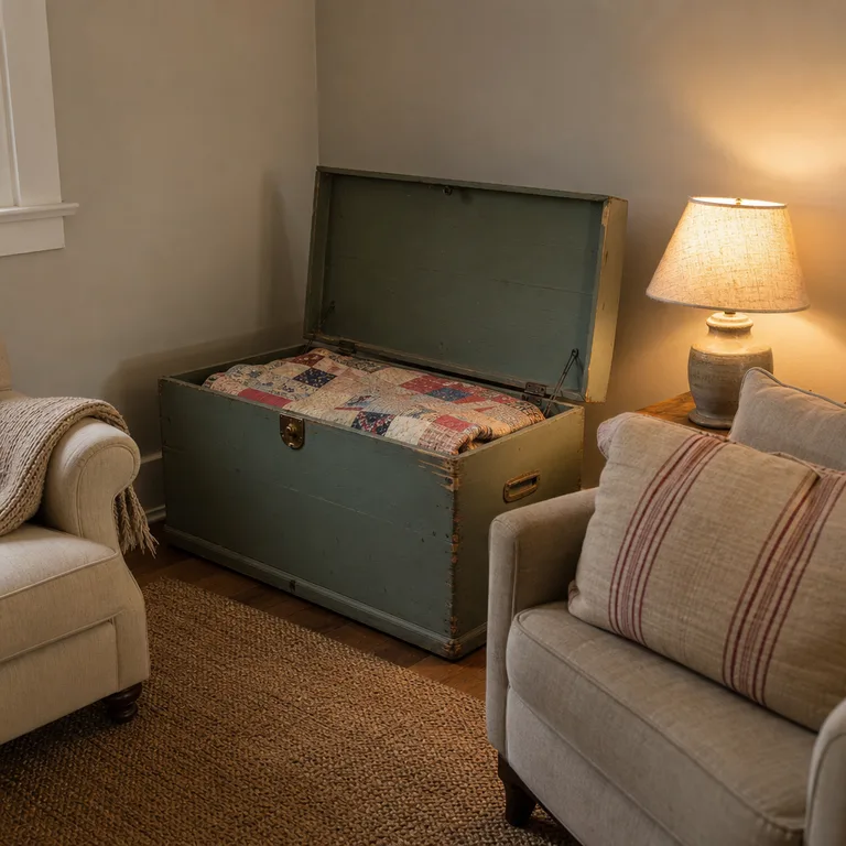 A painted wooden trunk behind two chairs stores folded quilts.