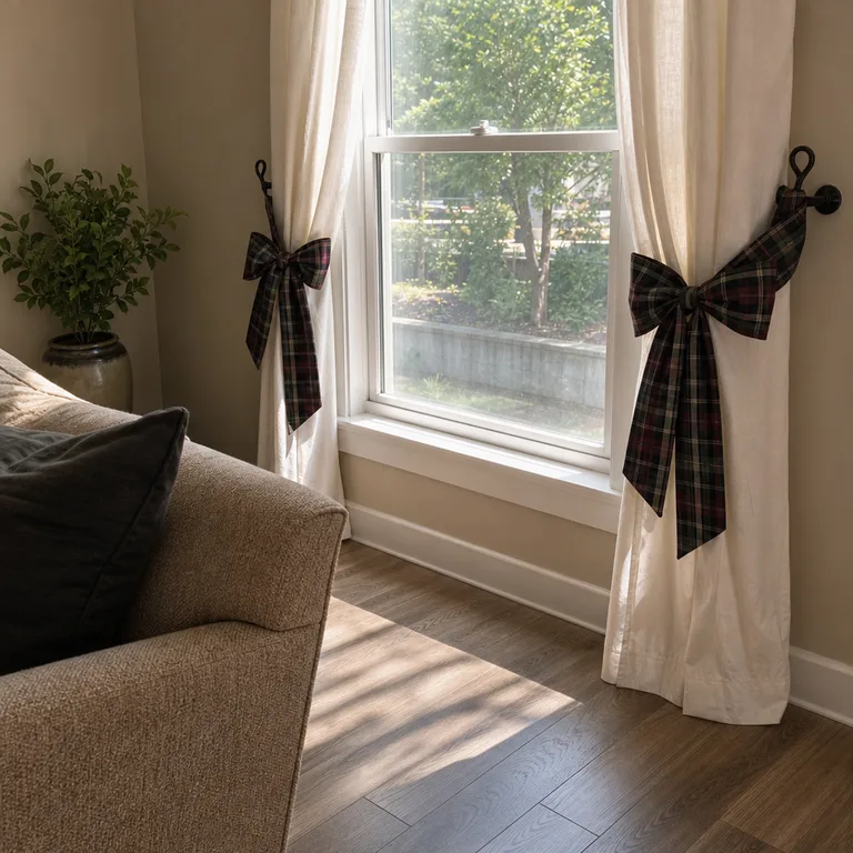 Tartan ribbon bows tied to curtain holdbacks beside a clear apartment window.