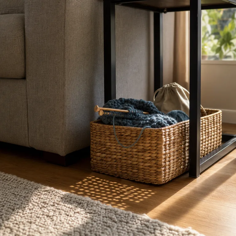 Woven project basket holding knitting supplies beneath a living-room end table.