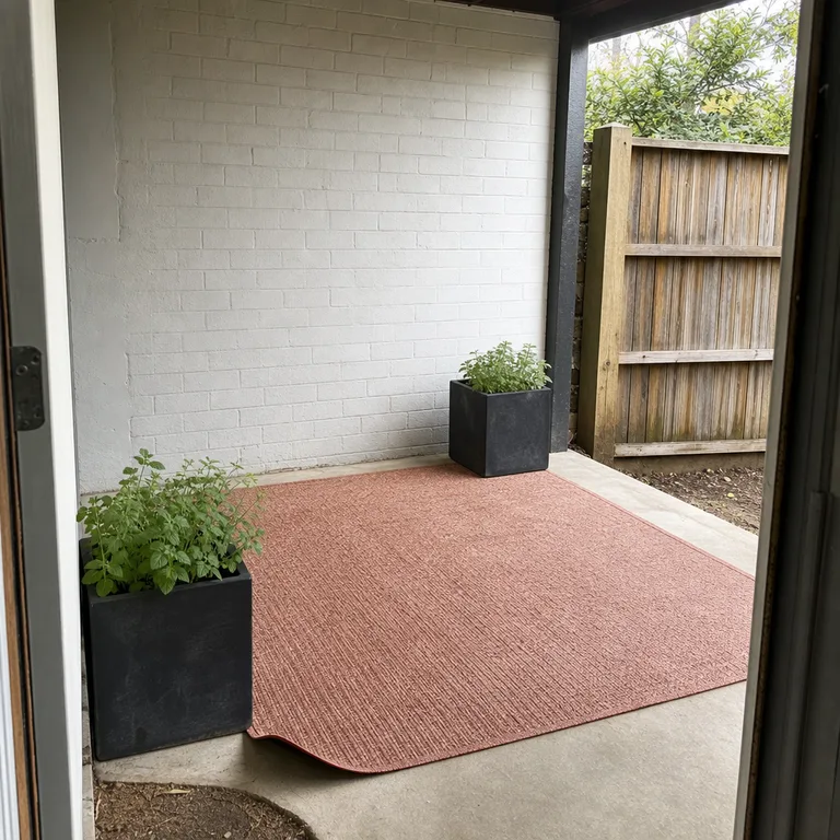 An outdoor mat and square planters cover a sheltered bare corner on a small patio.
