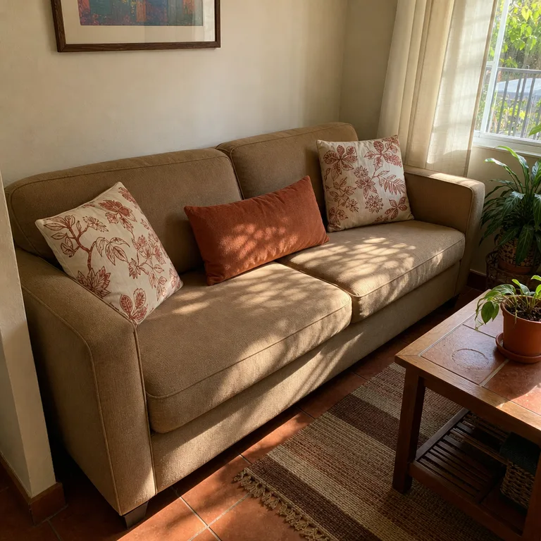 A tan sofa with botanical square pillows at each end and a rust lumbar pillow centered in front.