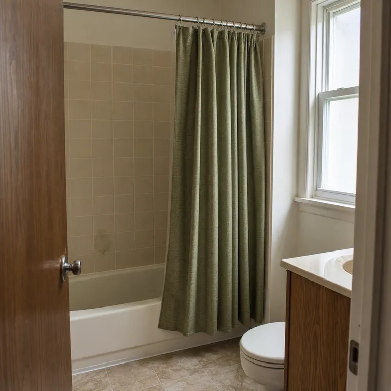 Olive green shower curtain against beige square tile in a compact rental bathroom.
