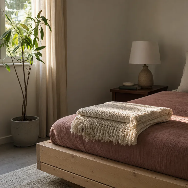 A cream tasselled throw folded into a small stack at the foot of a dusty rose bed.
