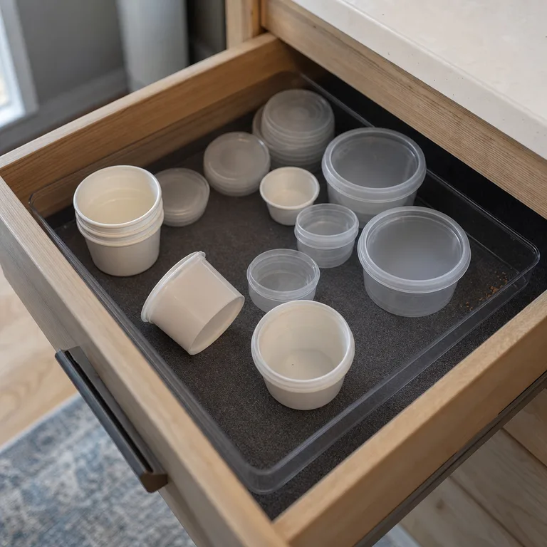 Small reusable sauce cups and lids grouped in a shallow clear drawer bin.