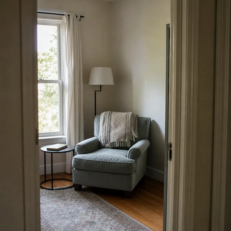 Compact armchair, floor lamp, and narrow side table arranged beside a living-room window.