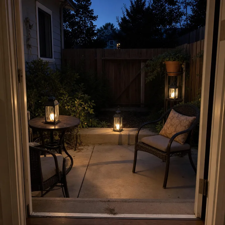 Portable lanterns provide small pools of evening light around a compact patio.