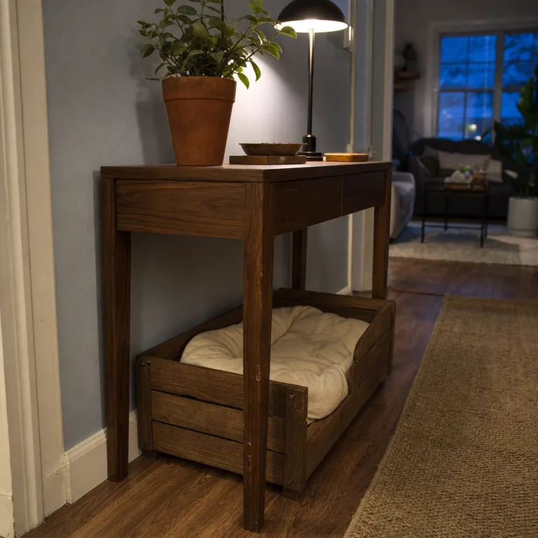 Open-front crate-style pet bed placed under a narrow walnut-look console table.