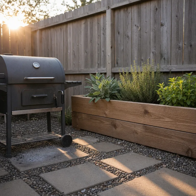 A cedar trough of sage, thyme, and oregano near a small patio grill.
