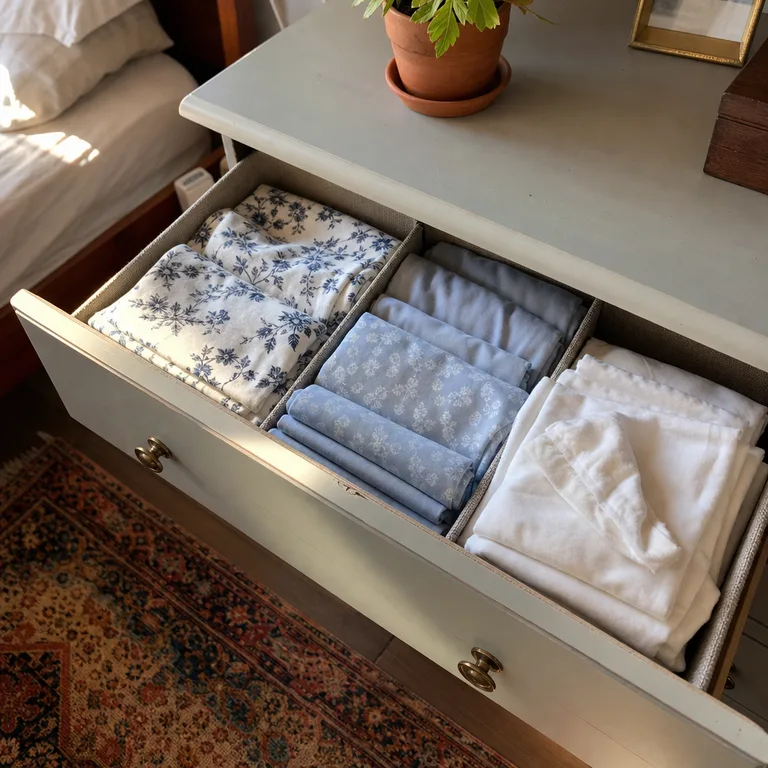 A divided dresser drawer organizes paired pillowcases by size and pattern.