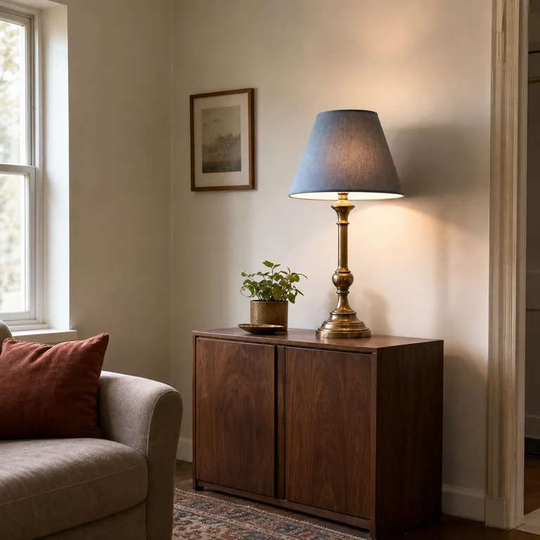 Dusty blue lampshade on a brass lamp base that echoes the living room’s muted accent colors.
