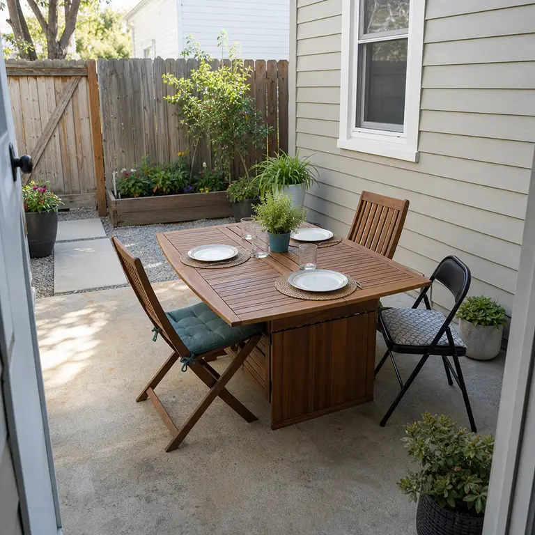 A partly opened drop-leaf dining table on a compact patio with room for an extra chair.