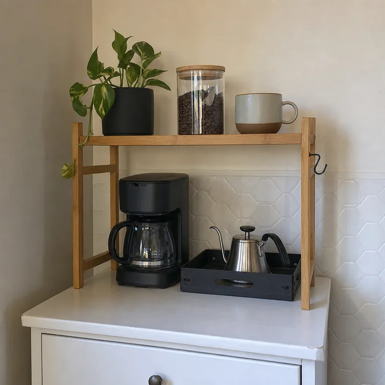 A removable coffee nook with a bamboo riser on top of a white kitchen cabinet.