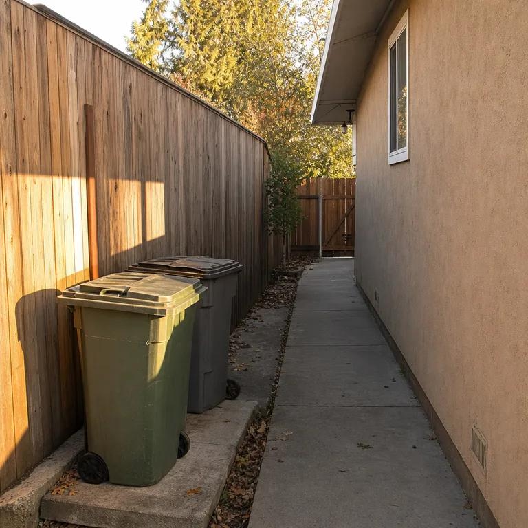 Two wheeled bins parked on concrete slabs beside a cedar fence while a clear walkway continues to the gate.