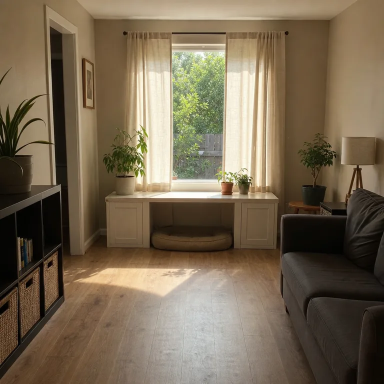 Tan oval pet cushion positioned beneath a white window bench in a compact living room.