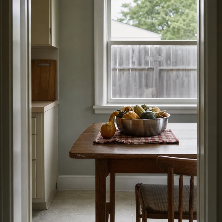A stainless mixing bowl filled with small squash sits on a checked tea towel on a narrow kitchen table.