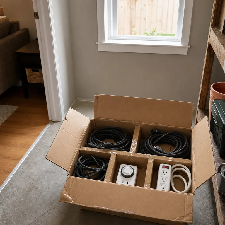 Extension cords and holiday timers separated in a reinforced cardboard storage box.