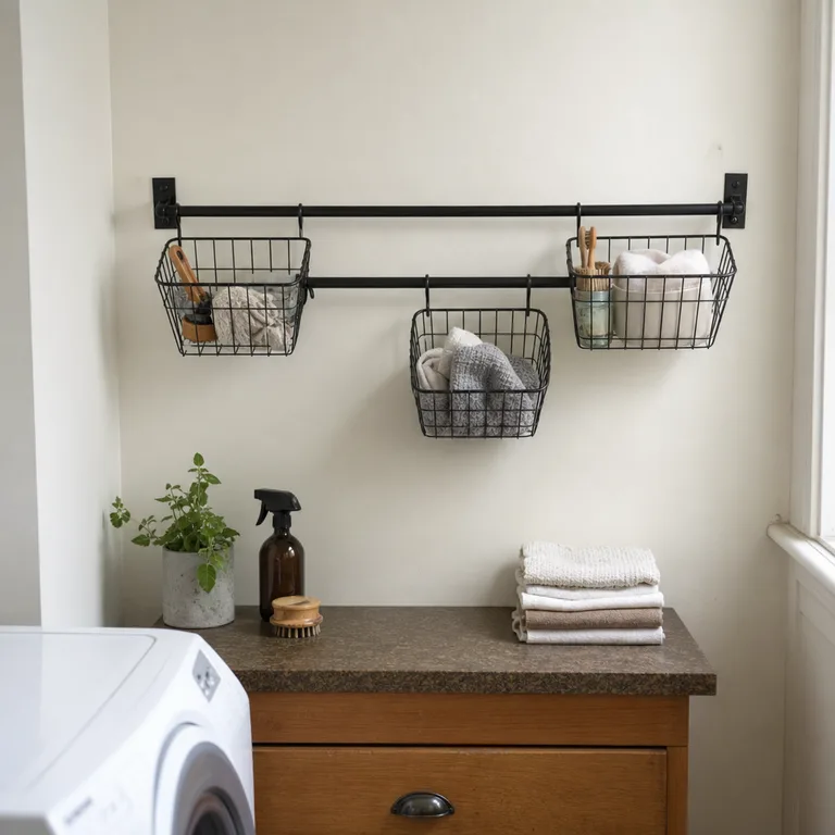 Wire baskets hanging from a wall rail hold laundry brushes, clips, and cloths above a utility counter.