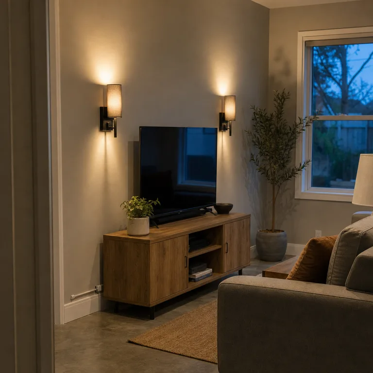 Two black wall sconces frame a television above an oak-toned console in a small living room.