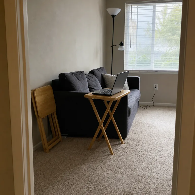 A bamboo folding tray table beside a charcoal sofa can be folded and stored after use.