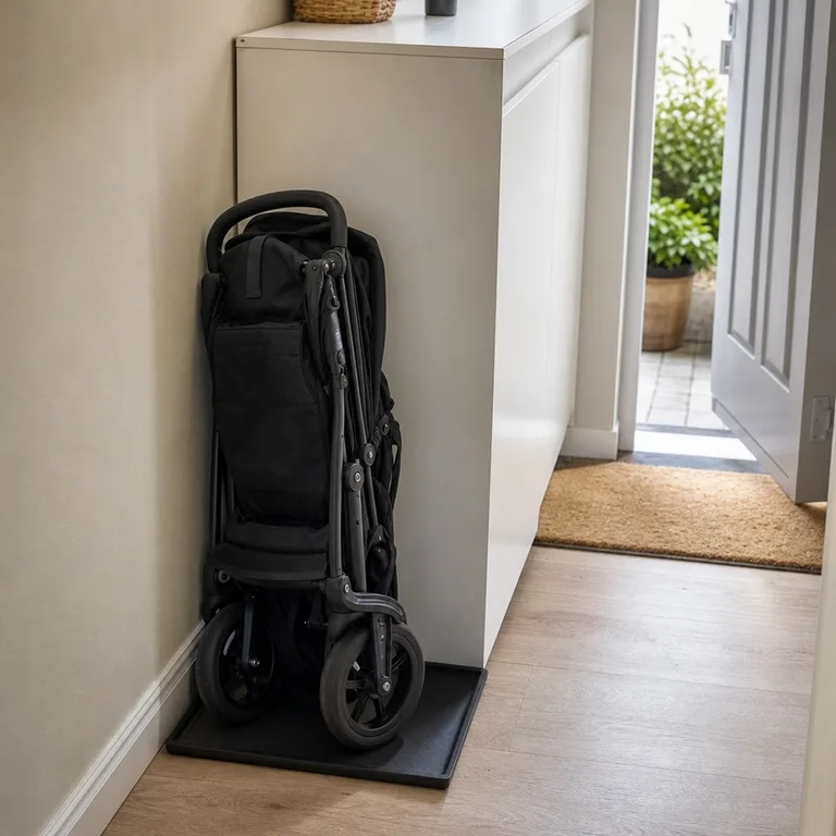 Folded stroller parked against the end of a shoe cabinet on a narrow rubber tray in a small apartment entry.