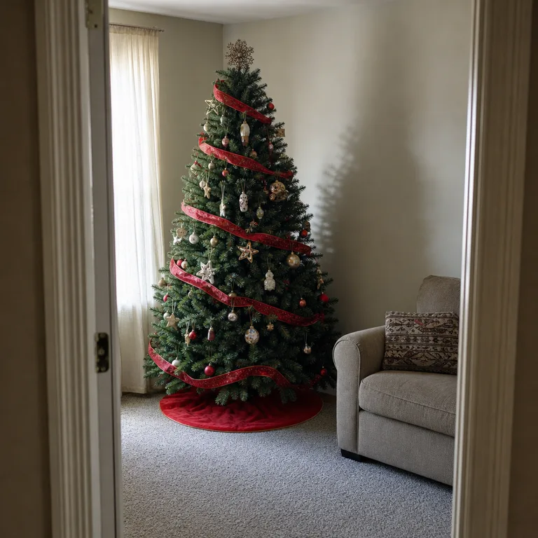 A living-room tree uses repeated deep red ribbon to link mismatched ornaments.