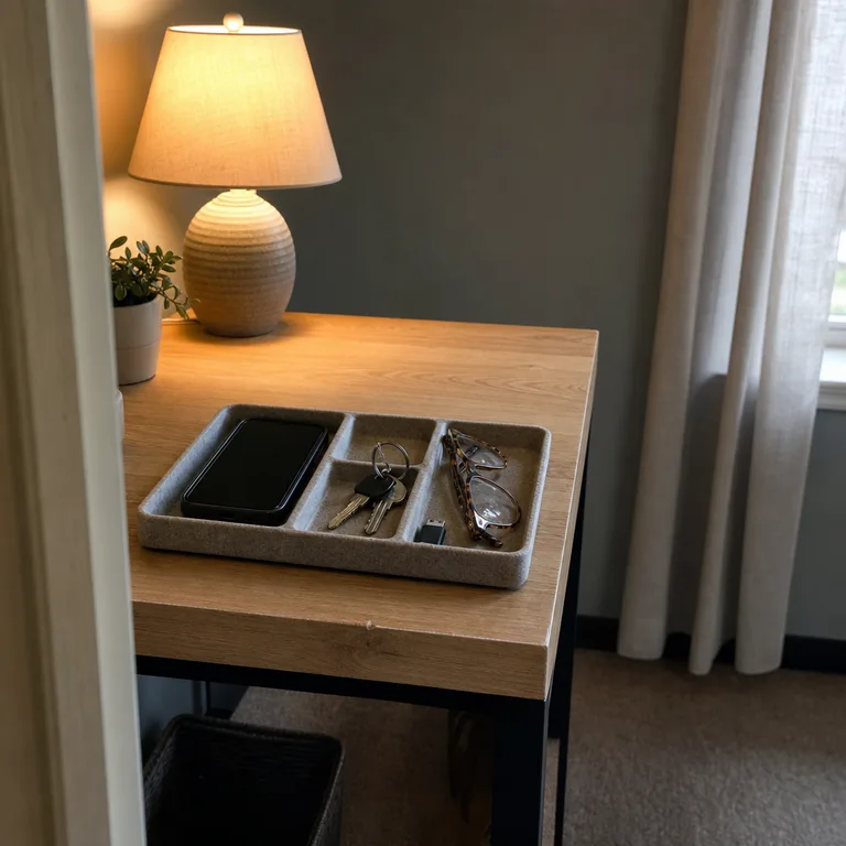 A divided felt tray holds a phone, keys, glasses, and a USB drive at the corner of a desk.