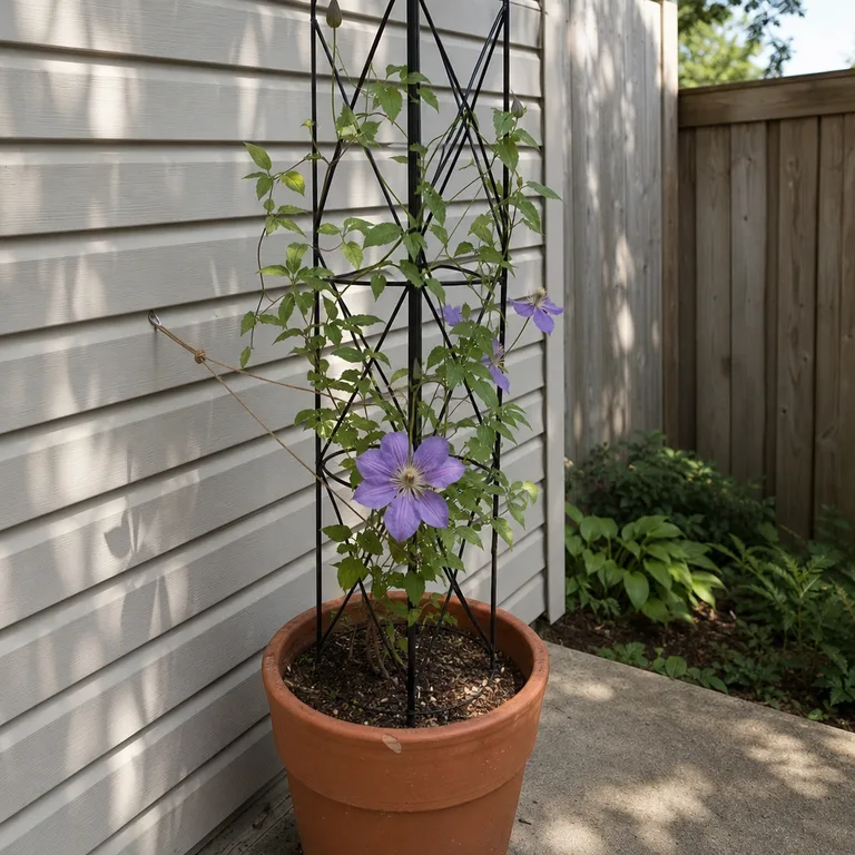 Black metal obelisk in a terracotta patio pot supporting a young clematis.