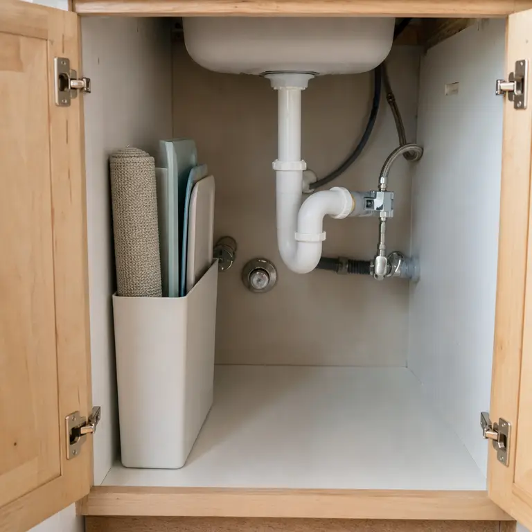 A tall narrow bin stores sink mats upright beside plumbing.
