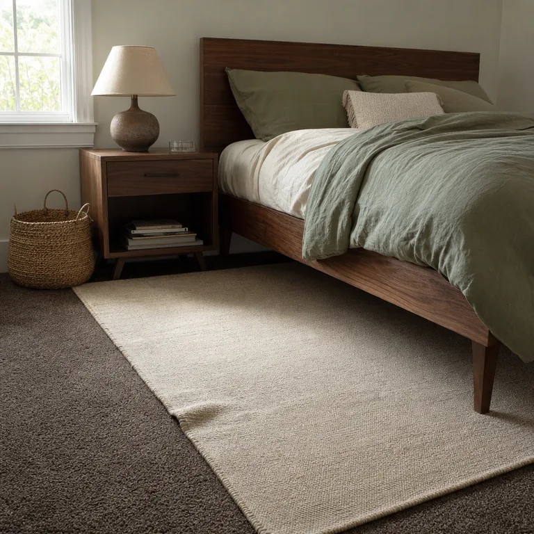 Pale sand rug brightening the area beside a bed on dark brown carpet.