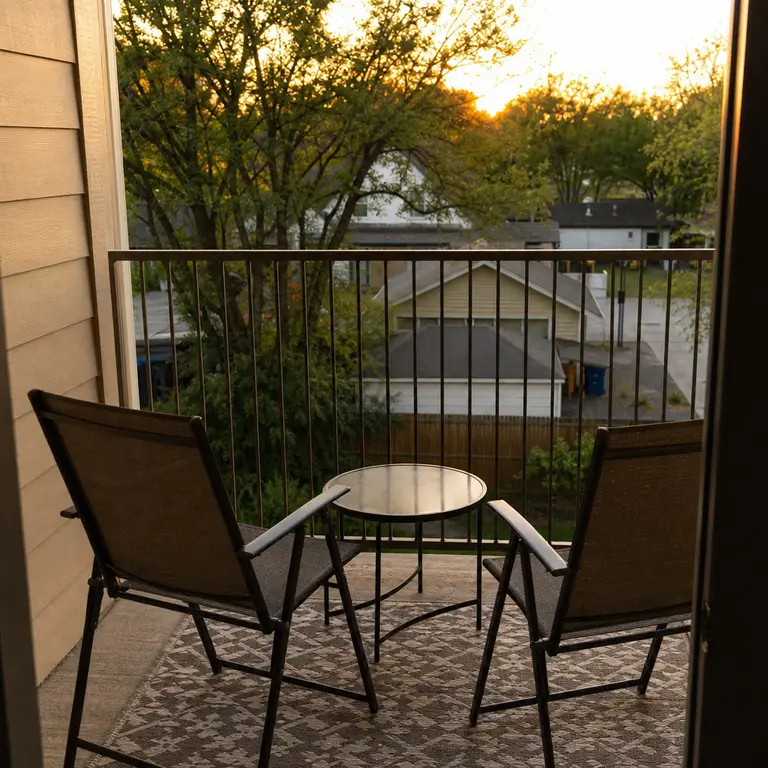 Two folding chairs and a small table create a simple sunset sitting area on an apartment balcony.