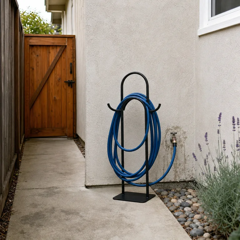 Freestanding hose stand and guide beside an outdoor tap next to a walkway.
