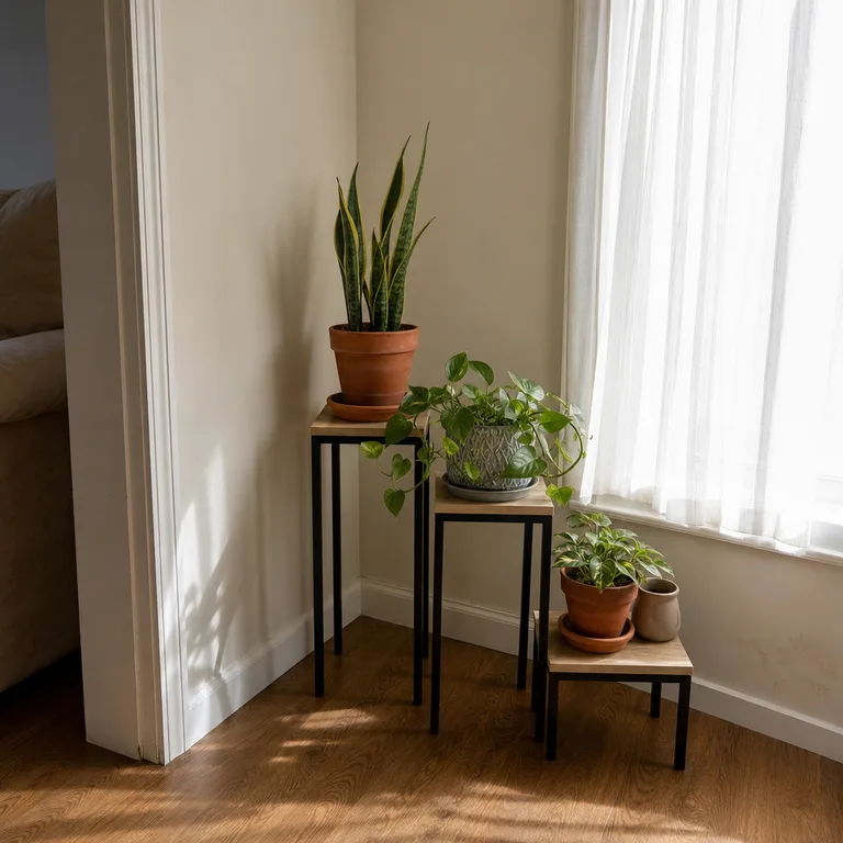 Stepped plant stands beside a bright living-room window hold plants at different heights.