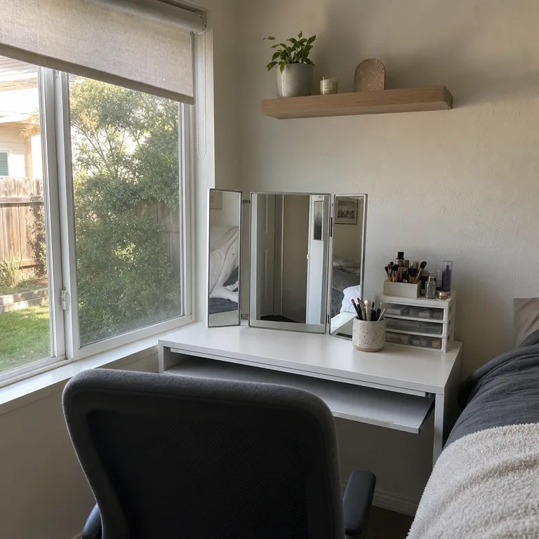 A small desk beside a window with an open tri-fold mirror and a keyboard tray for shared work use.