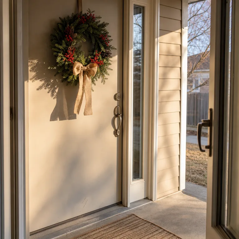 A single cedar and berry wreath hangs on a painted front door above an unobstructed entry.