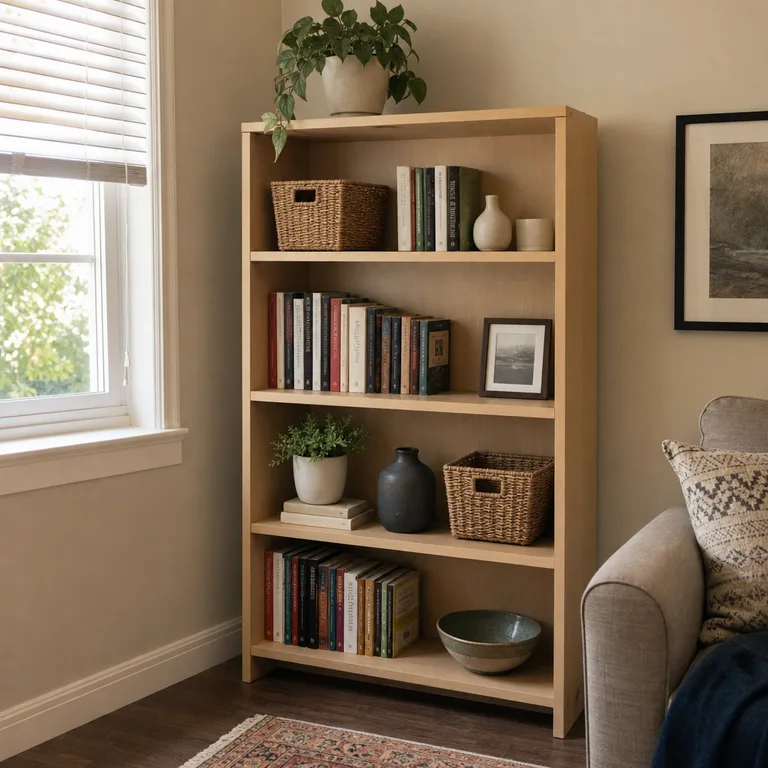 Small handled rattan baskets used to organize an open living room bookcase.