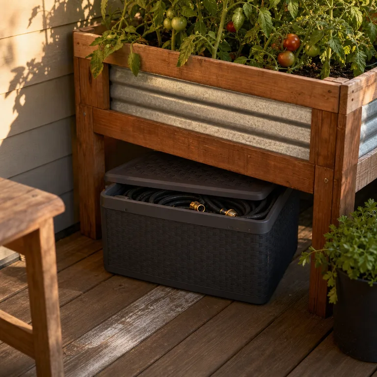 Small deck box storing a soaker hose beside a raised vegetable bed.