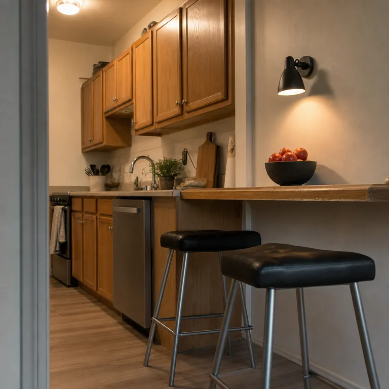 Pale oak kitchen with charcoal wall sconce, fruit bowl, and stool seats.