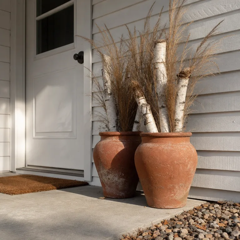 Weathered terracotta urns filled with birch branches and dried grasses beside a front door.