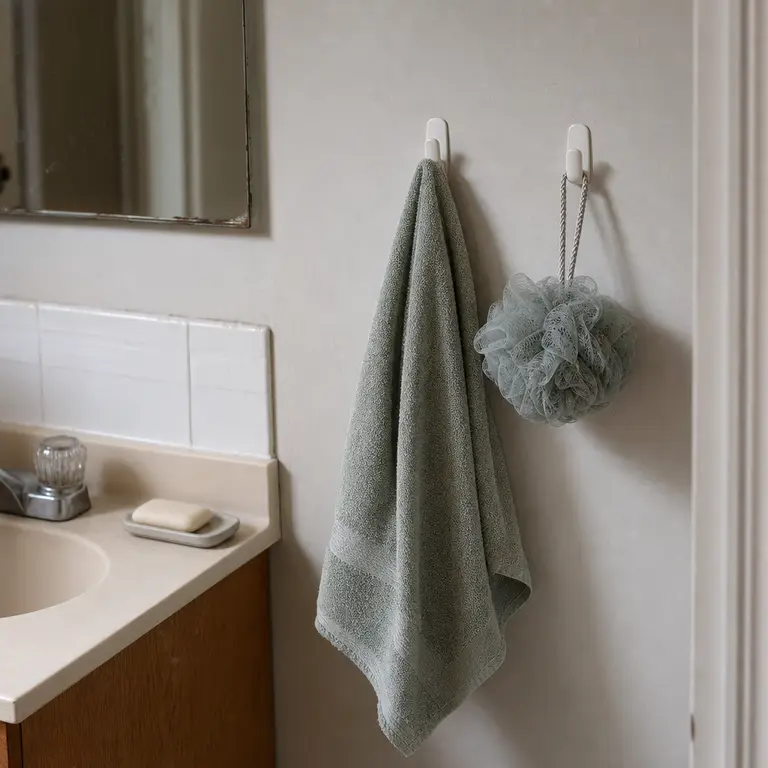 A sage hand towel hangs from a removable hook beside a small bathroom sink.