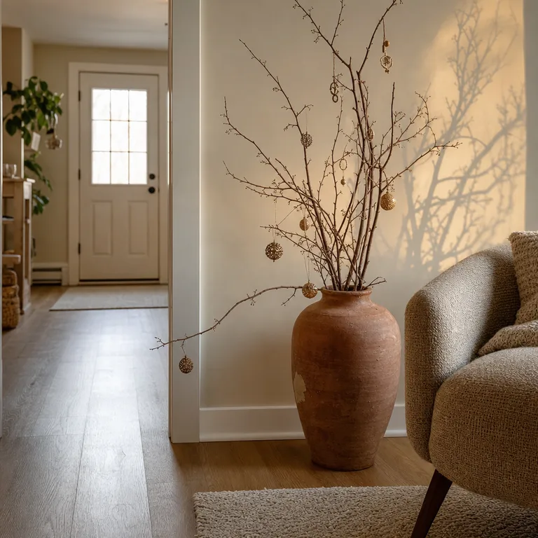 Decorated birch branches in a terracotta floor vase create a narrow holiday tree display beside an armchair.