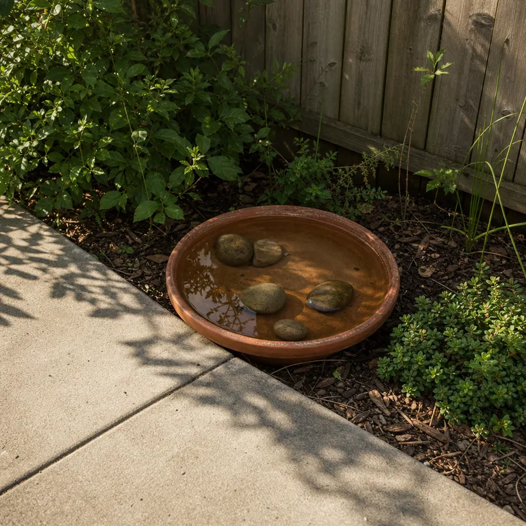 A shallow terracotta water dish with landing stones in a small garden bed.