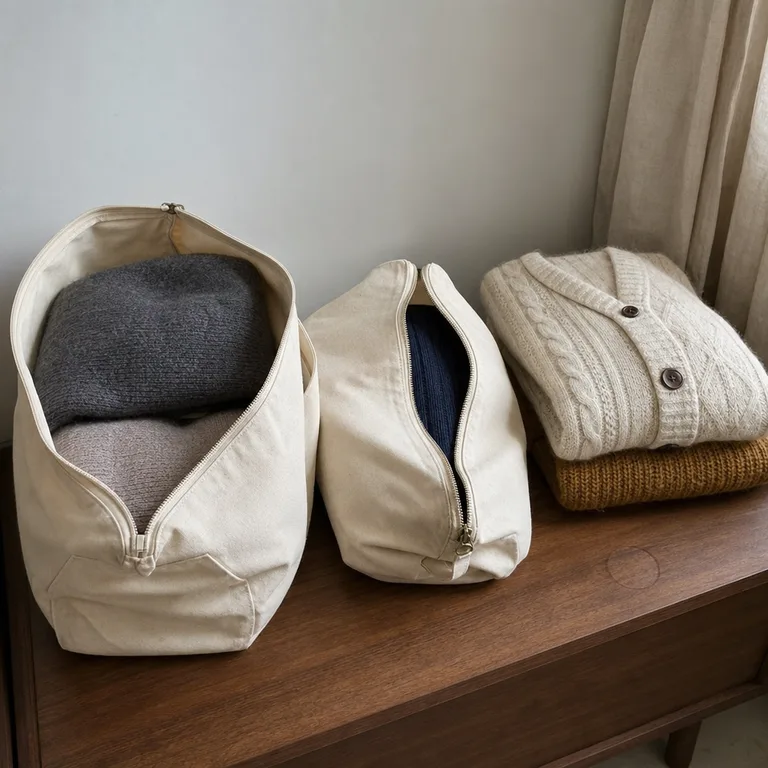 Folded sweaters stored in breathable zippered fabric bags on a bedroom bench.