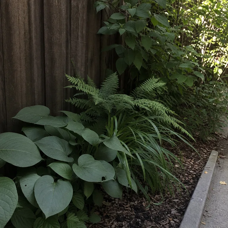 Different leaf shapes and green tones add interest to a deeply shaded garden bed.