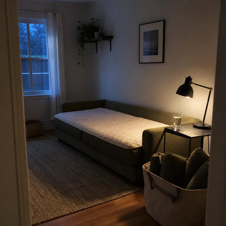 A wide sofa made up as a guest bed with stacked cushions in a hamper and a small tray table beside it.
