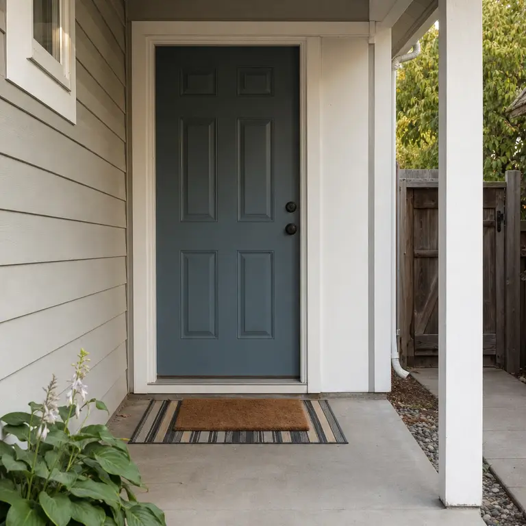 A layered doormat and outdoor rug at a small covered front door.