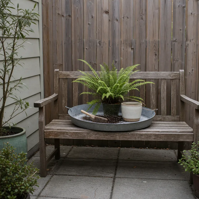 A galvanized tray on a low wooden bench holds materials for repotting a small fern.
